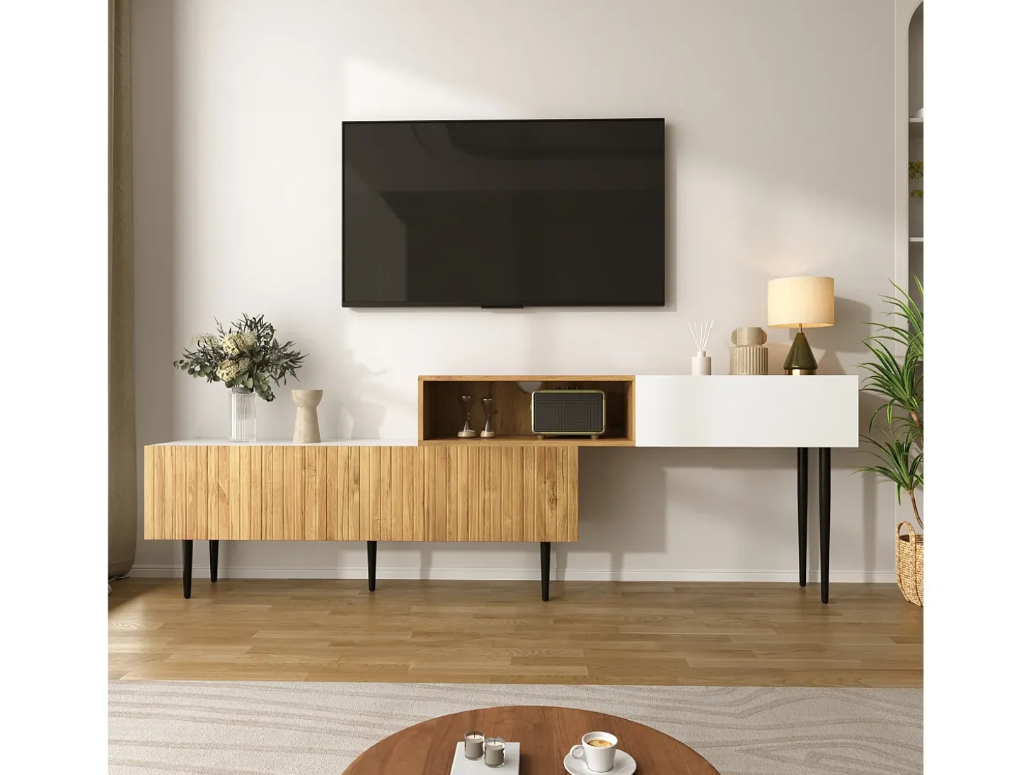Móvel para TV 220×30×63,4 cm - design em dois módulos - acabamento madeirado - branco + natural