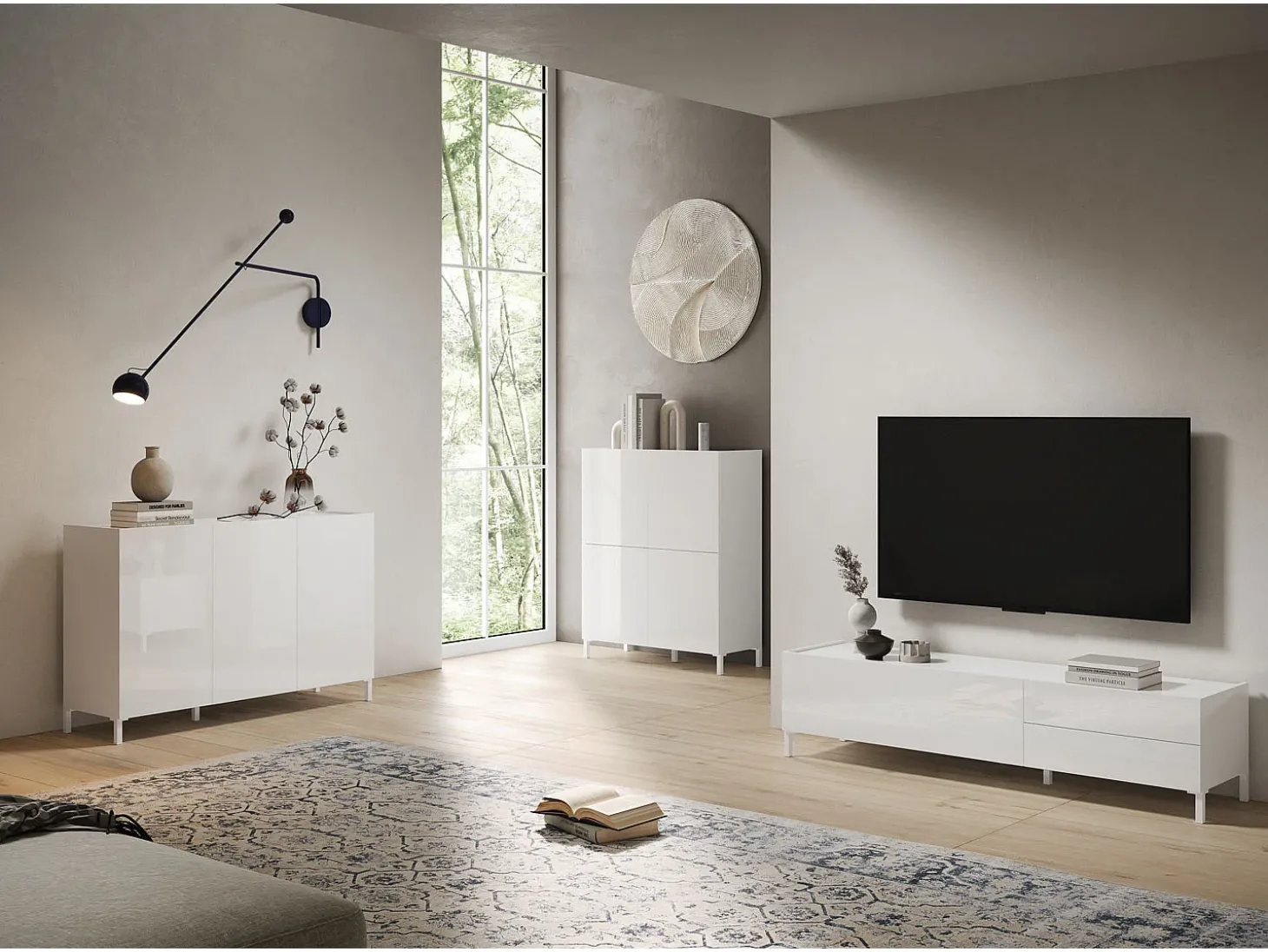 Móvel para TV 1 porta abatible e 2 gavetas 160x42x40 cm Solaria branco brilhante