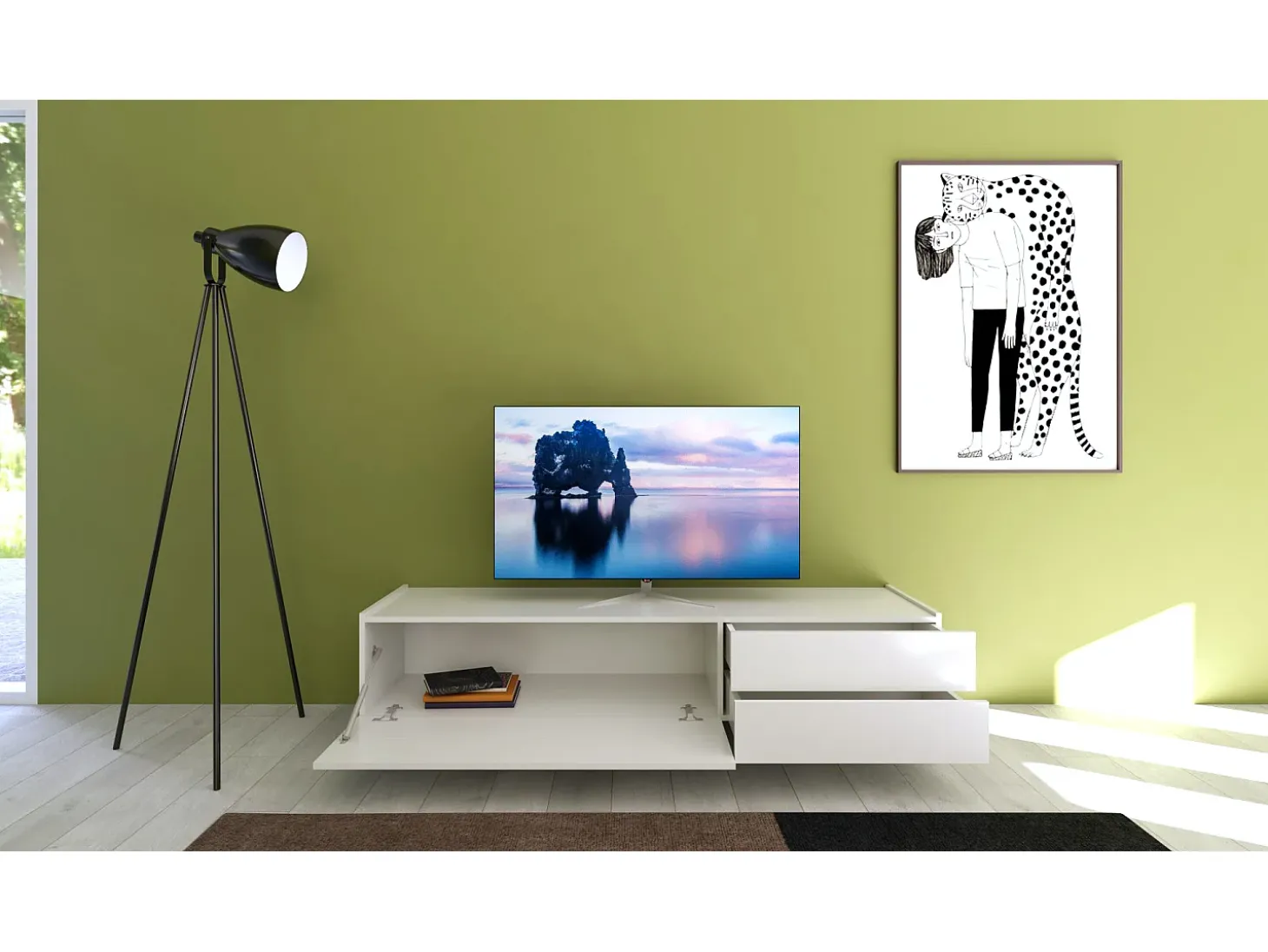 Móvel para TV 1 porta abatible e 2 gavetas 160x42x40 cm Solaria branco brilhante