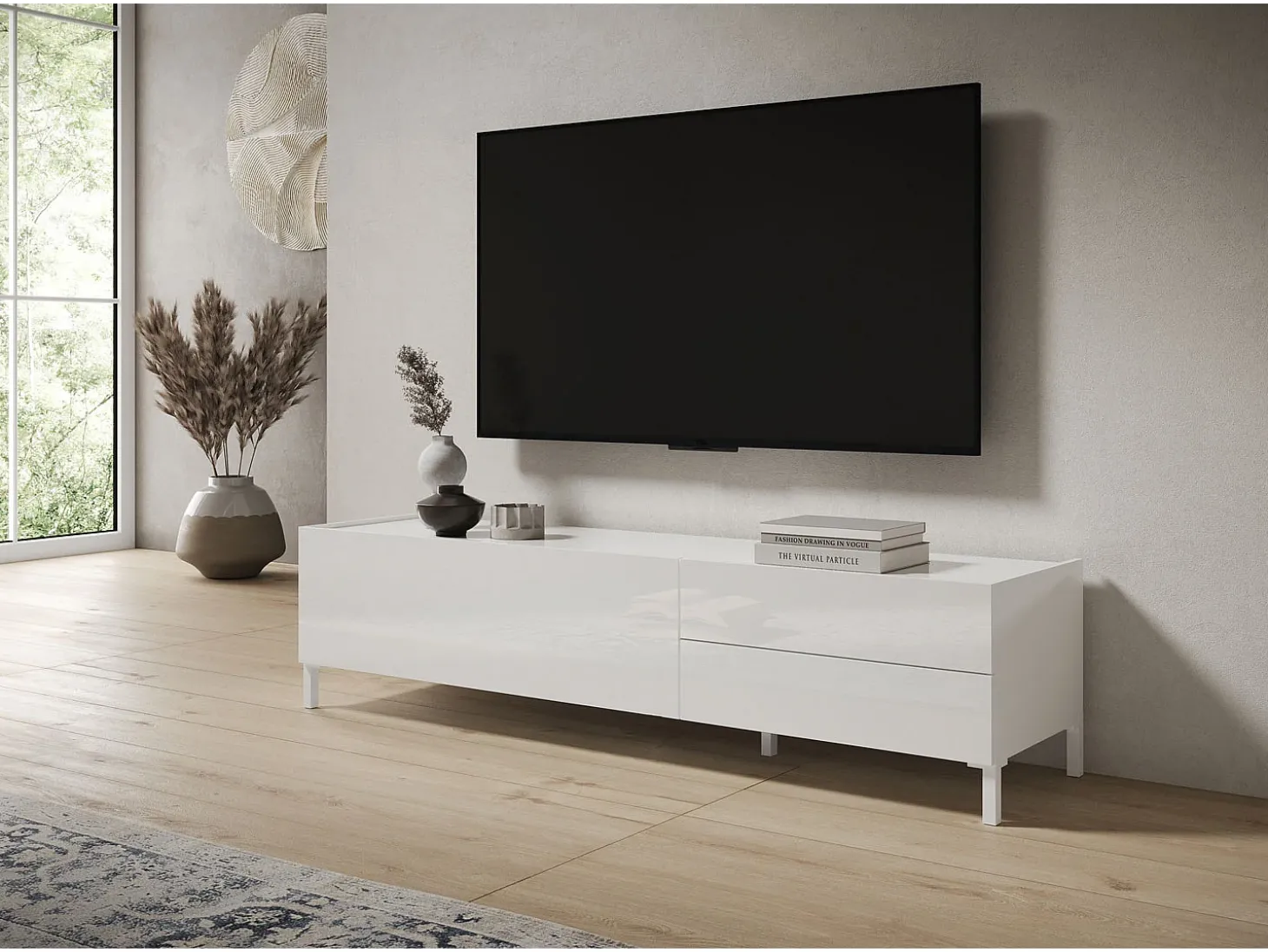 Móvel para TV 1 porta abatible e 2 gavetas 160x42x40 cm Solaria branco brilhante