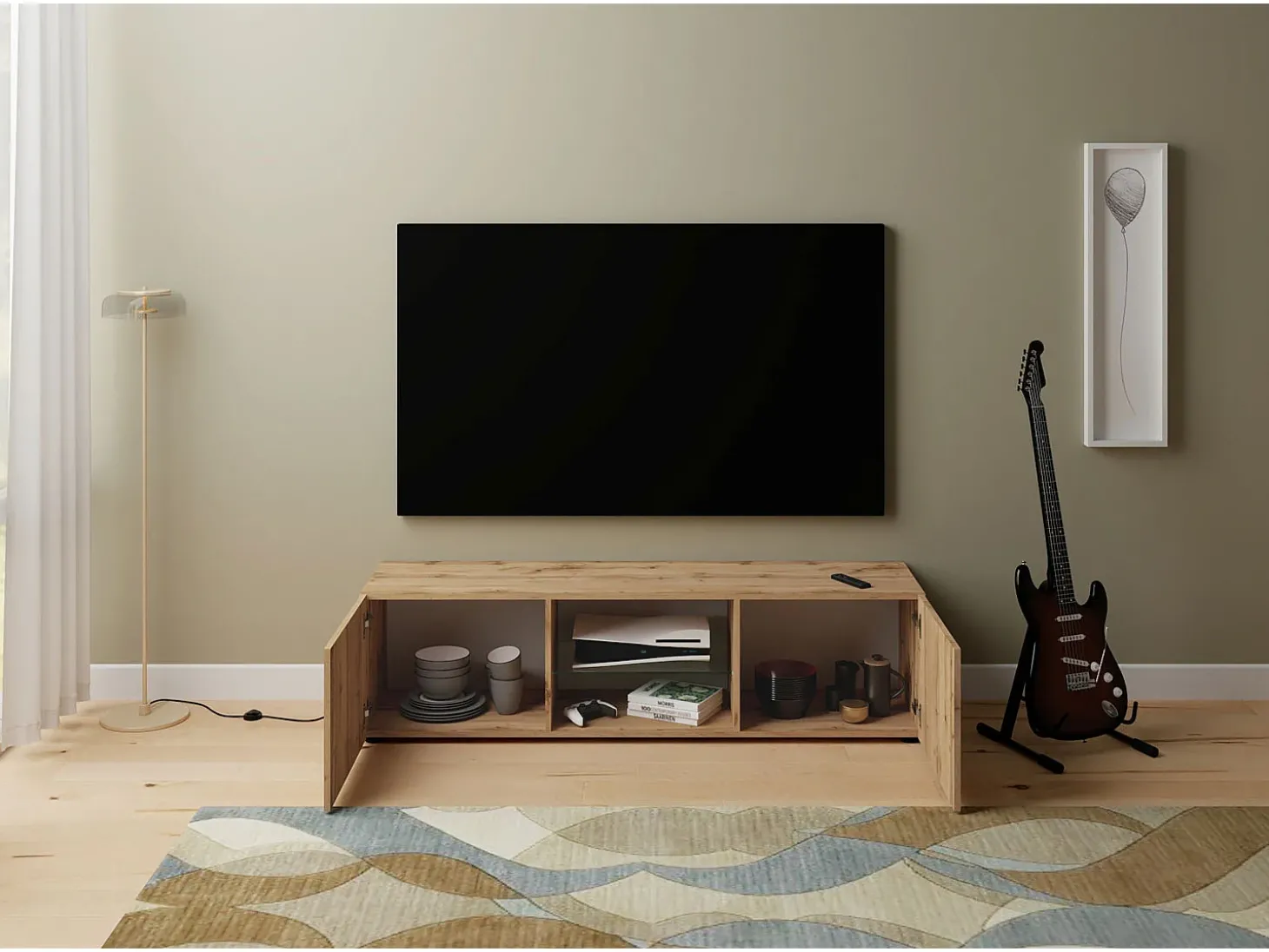 Móvel para TV 2 portas com vão aberto 150x40x40 cm Elios carvalho natural