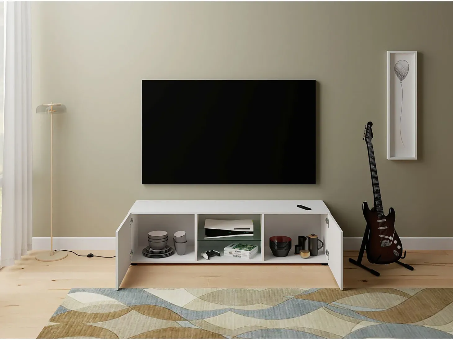 Móvel para TV 2 portas com vão aberto 150x40x40 cm Elios branco brilhante