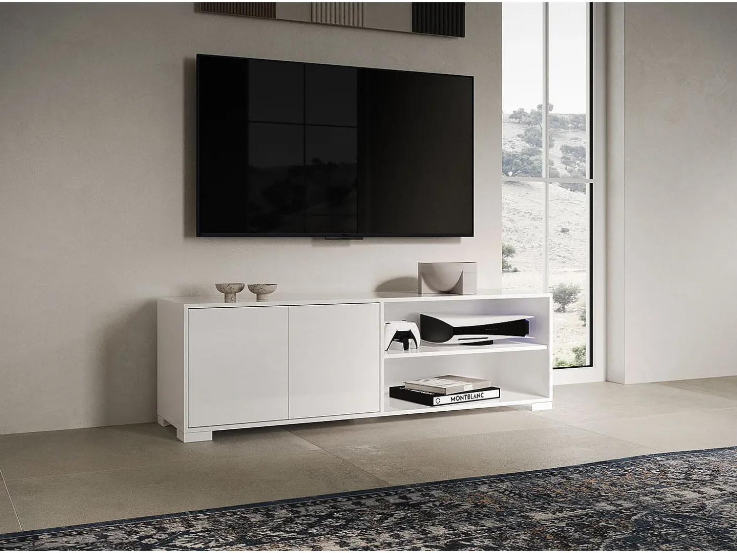 Móvel para TV 2 portas e prateleira aberta 150x40x40 cm Lumina branco brilhante