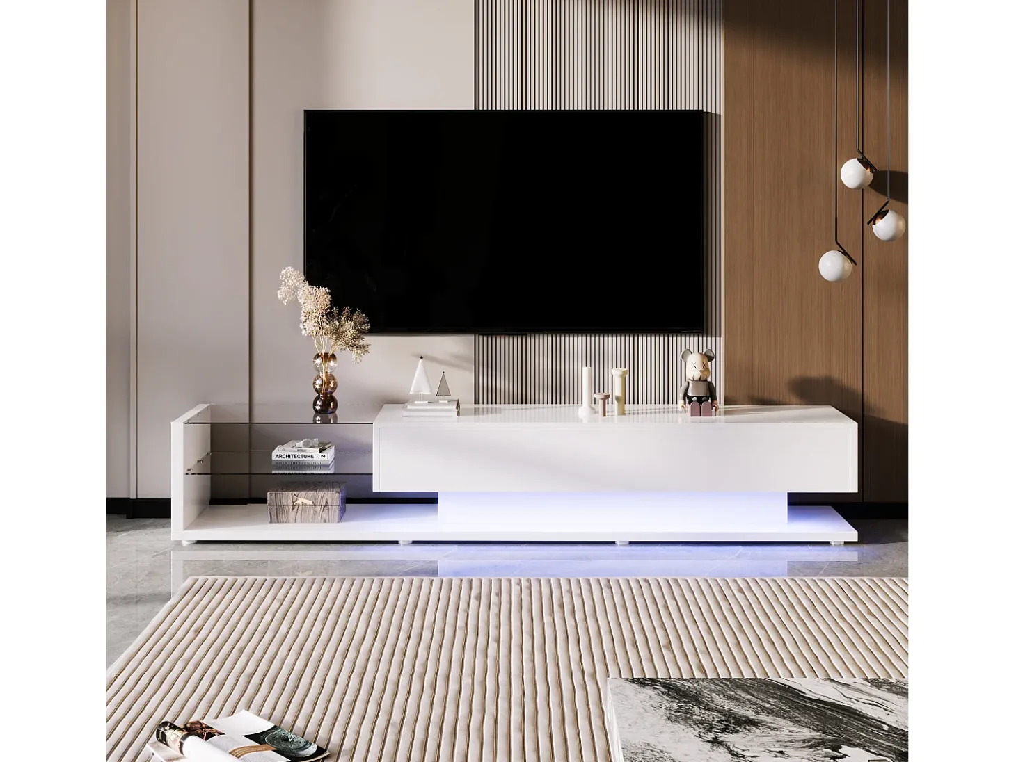 Móvel para TV branco brilhante com iluminação LED, 2 gavetas e 2 prateleiras em vidro - Madeira PB