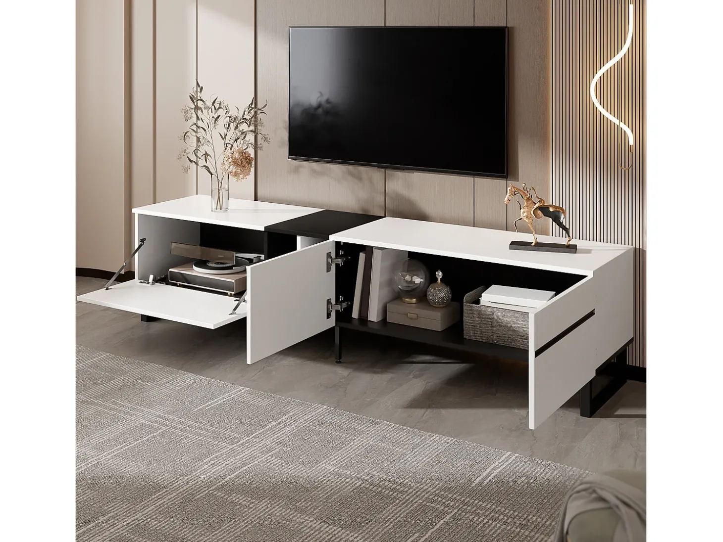 Móvel para TV branco de 180 cm com 3 portas - Madeira PB - Branco e preto