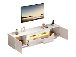 Móvel para TV brilhante 180×40×45 cm - com iluminação LED - 2 gavetas e 2 portas - Compatível com TVs de 75 polegadas - branco