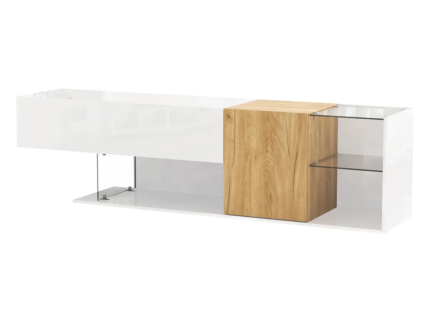 Móvel para TV brilhante 180×38×48 cm - com 2 portas - prateleiras de vidro - acabamento madeirado - painel de partículas - branco + natural