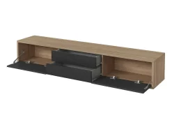 Móvel para TV 180cm, 2 gavetas e 2 portas coleção MAANUM. Cor carvalho claro e cinza.