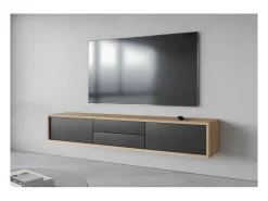 Móvel para TV 180cm, 2 gavetas e 2 portas coleção MAANUM. Cor carvalho claro e cinza.