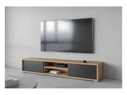 Móvel para TV 180cm, 2 portas e 2 nichos coleção MAANUM. Cor carvalho claro e cinza.