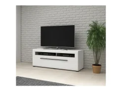 Móvel para TV 140cm coleção BREDA. Cores branco fosco e branco brilhante. Estilo design.