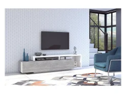 Móvel para TV 220cm coleção BÉRGAMO. Cores branco e cinza concreto.