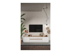 Móvel para TV 205cm coleção FANZY. Cor branco laqueado e carvalho claro, ideal para uma sala de estar moderna.