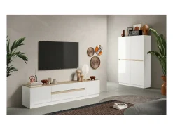 Móvel para TV 205cm coleção FANZY. Cor branco laqueado e carvalho claro, ideal para uma sala de estar moderna.