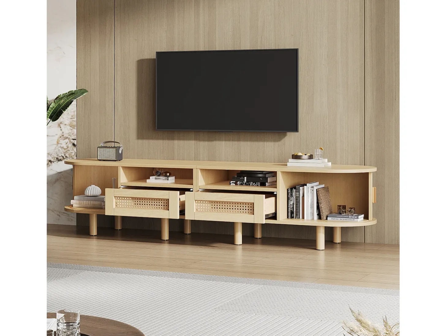 Móvel para TV com 2 gavetas e 2 portas de correr - Oval em madeira - Cor natural