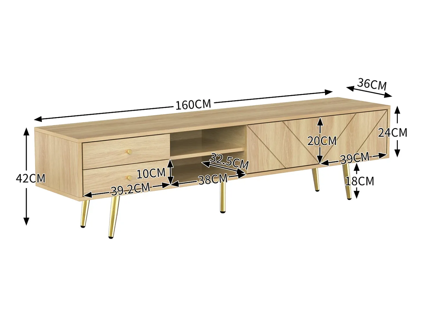 Móvel para TV com 2 gavetas e 2 portas, pés dourados, 160 x 36 x 42 cm