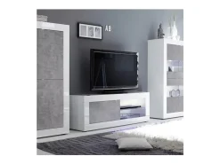 Móvel para TV com 1 porta, coleção CISA, cor branca laqueada brilhante e cinza efeito concreto.