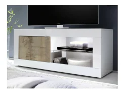 Móvel para TV com 1 porta, coleção CISA, nas cores branco brilhante laqueado e carvalho claro.