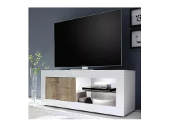 Móvel para TV com 1 porta, coleção CISA, nas cores branco brilhante laqueado e carvalho claro.