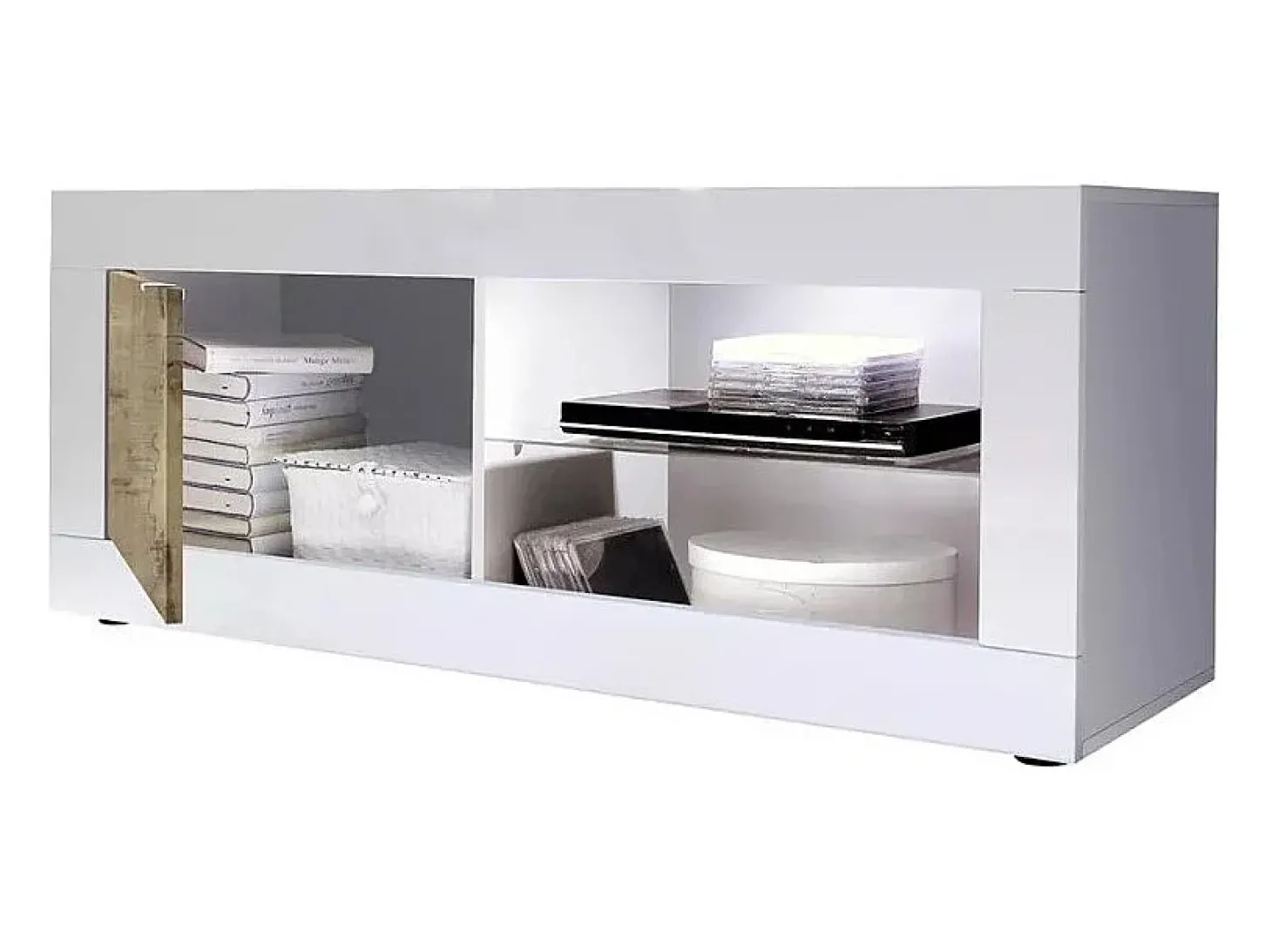 Móvel para TV com 1 porta, coleção CISA, nas cores branco brilhante laqueado e carvalho claro.
