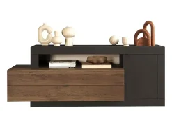 Móvel para TV com 1 porta e 2 gavetas coleção DOMI. Cor cinza antracite carvalho escuro, ideal para uma sala de estar moderna.