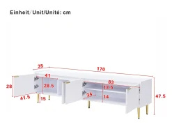 Móvel para TV com 4 portas texturizadas - 170 x 35 x 47,5 cm - puxadores e pés dourados - MDF - branco