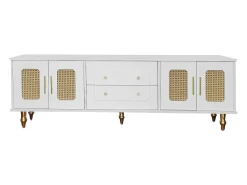 Móvel para TV com 4 portas em rattan e 2 gavetas - Pés em metal dourado - Branco