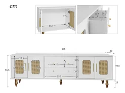 Móvel para TV com 4 portas em rattan e 2 gavetas - Pés em metal dourado - Branco