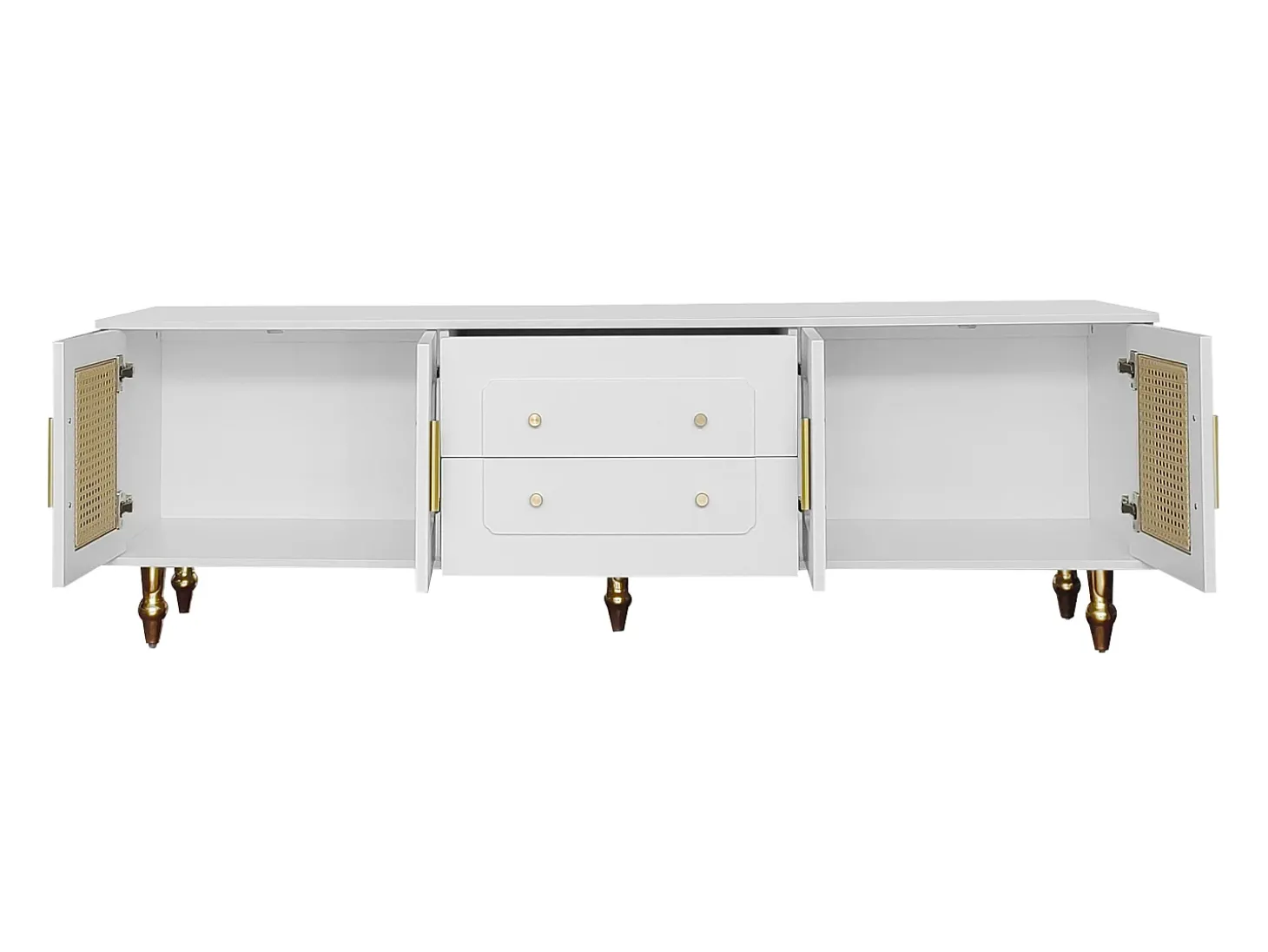 Móvel para TV com 4 portas em rattan e 2 gavetas - Pés em metal dourado - Branco