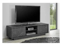 Móvel para TV com 2 portas, coleção COLOMARMO, cor preta com efeito mármore, ideal para a sua sala de estar moderna e na moda.