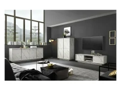 Móvel para TV com 2 portas, coleção COLOMARMO, cor branca com efeito de mármore, ideal para sua sala de estar moderna e sofisticada.