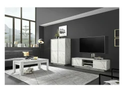 Móvel para TV com 2 portas, coleção COLOMARMO, cor branca com efeito de mármore, ideal para sua sala de estar moderna e sofisticada.