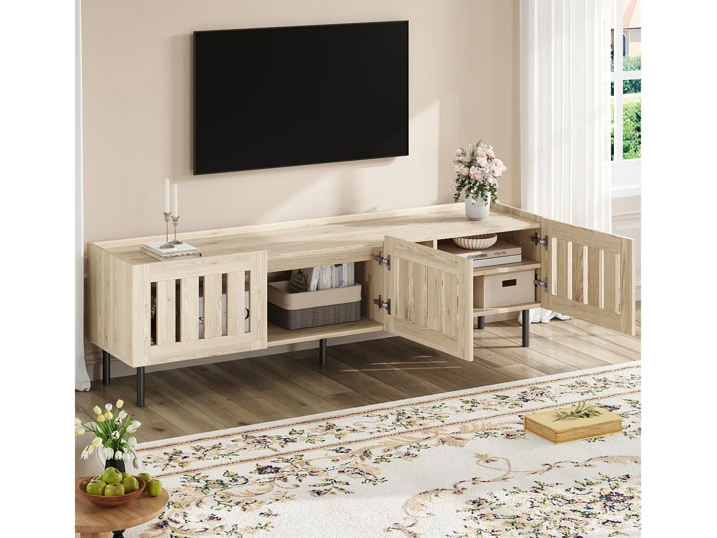Móvel para TV com 3 portas, 160 x 40 x 47 cm - Design vazado - Cor da madeira natural