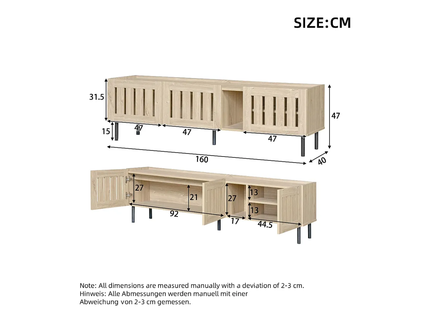 Móvel para TV com 3 portas, 160 x 40 x 47 cm - Design vazado - Cor da madeira natural