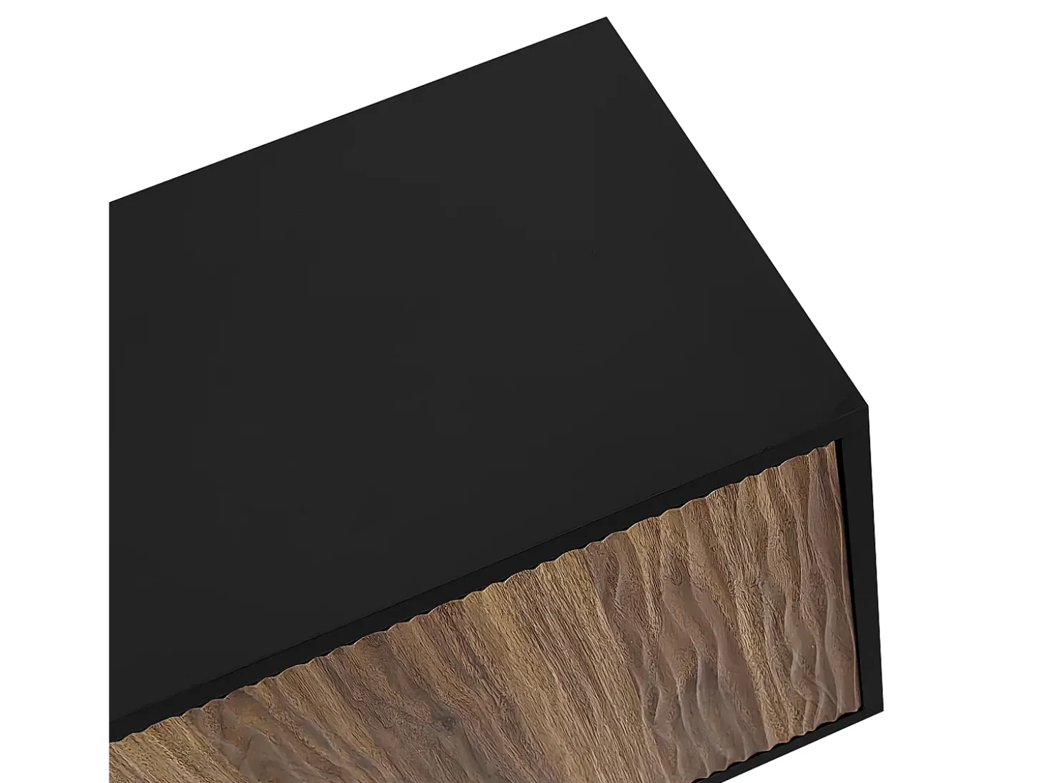 Móvel para TV com 2 portas e 3 gavetas, padrão ondulado, preto e natural.