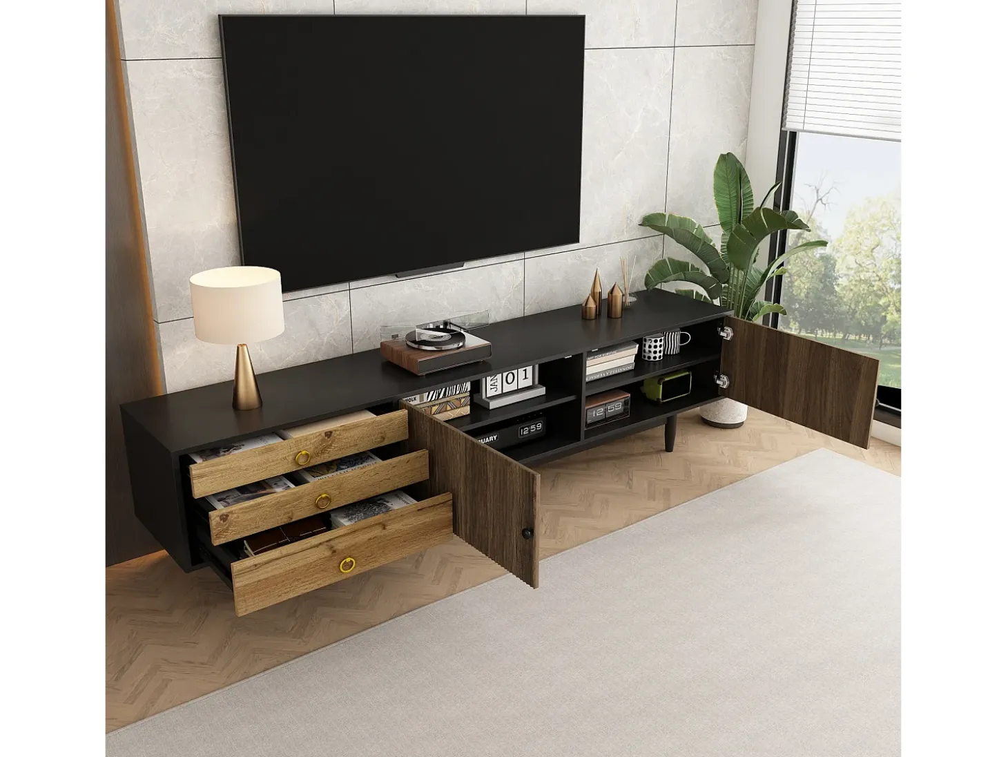 Móvel para TV com 2 portas e 3 gavetas, padrão ondulado, preto e natural.