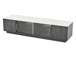 Móvel para TV com 2 portas de vidro e 4 gavetas - Tampo com efeito de mármore branco - Cinza