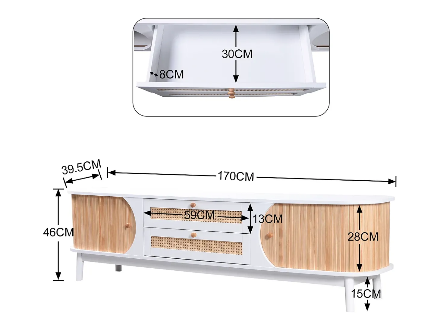 Móvel para TV com 2 portas de correr e 2 gavetas - Branco e madeira