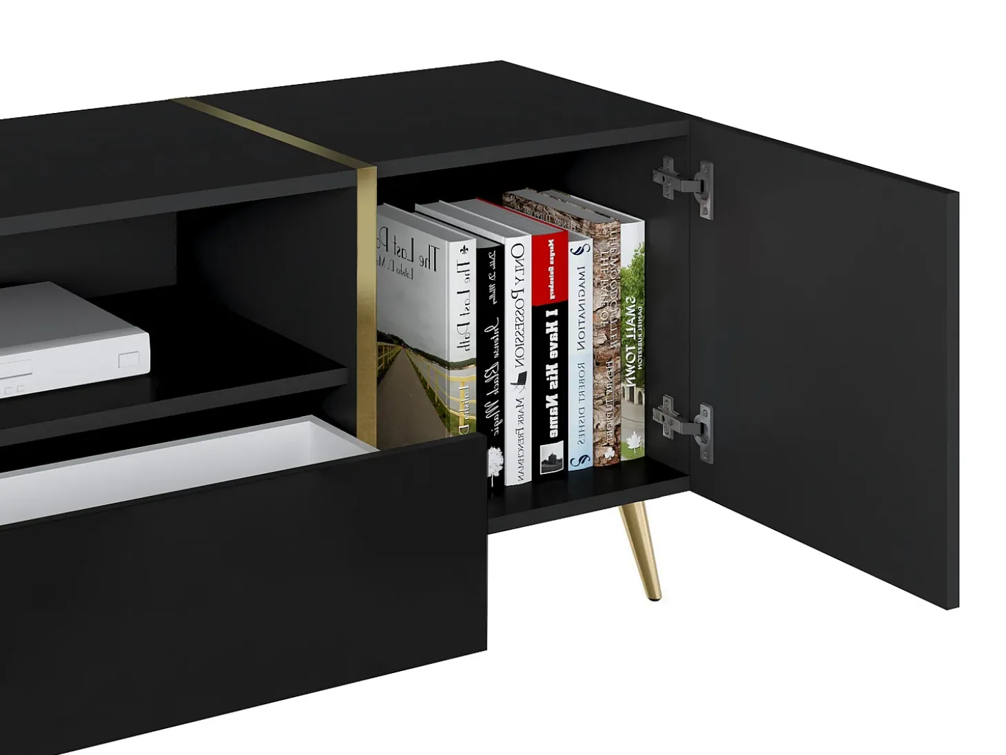 Móvel para TV com 2 portas, 1 gaveta e 1 prateleira - Preto brilhante e dourado - MARZIALO