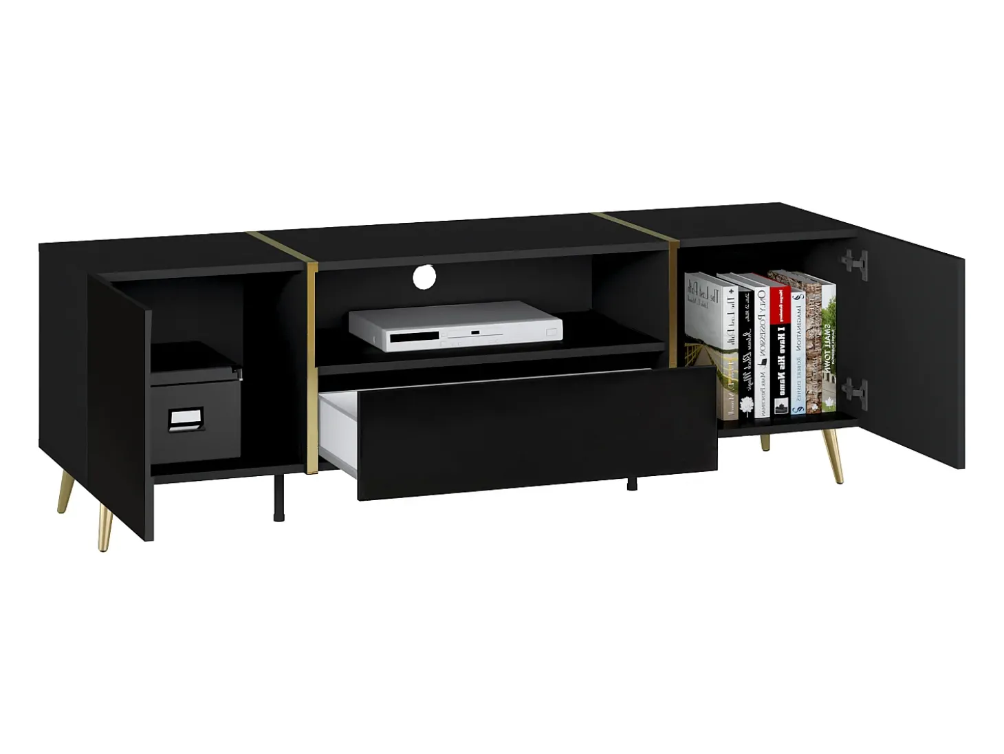 Móvel para TV com 2 portas, 1 gaveta e 1 prateleira - Preto brilhante e dourado - MARZIALO