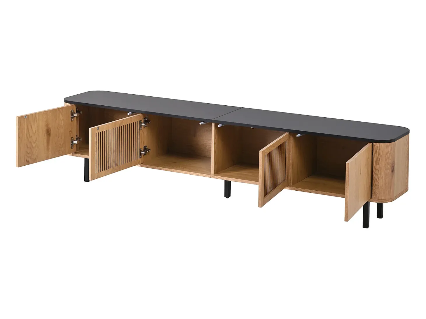 Móvel para TV com 4 portas, 190 x 35 x 45 cm - Tampo preto - Cor madeira clara