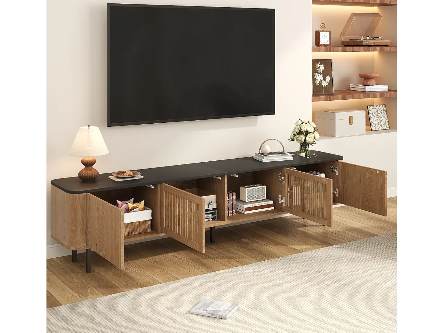 Móvel para TV com 4 portas, 190 x 35 x 45 cm - Tampo preto - Cor madeira clara