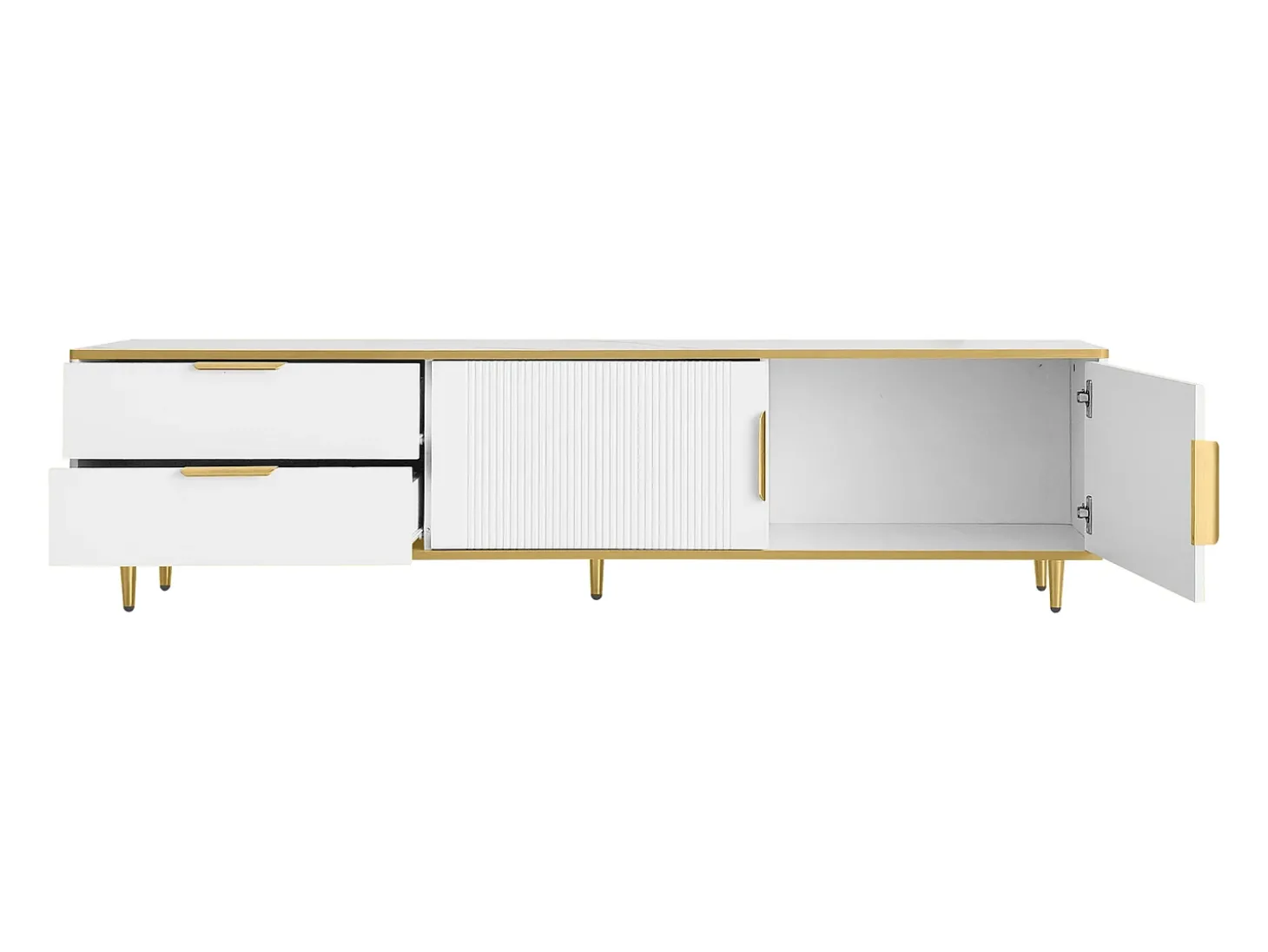 Móvel para TV com 2 portas e 2 gavetas - puxadores e pés dourados - Branco
