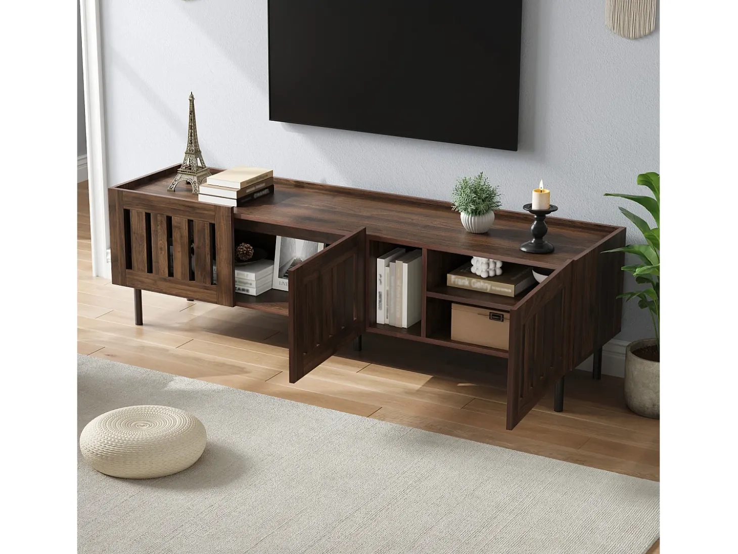 Móvel para TV com 3 portas, 160 x 40 x 47 cm - Design vazado - Cor nogueira