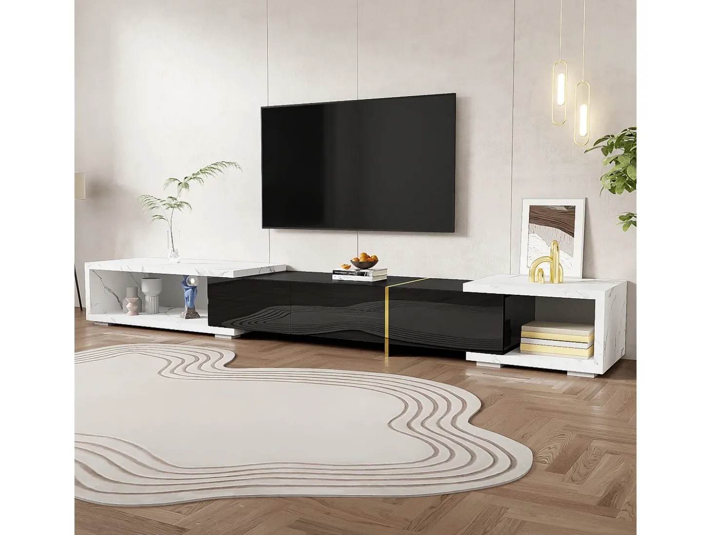 Móvel para TV com 3 portas, comprimento regulável, frente em preto brilhante e laterais em folheado com efeito mármore branco - 140/260x40x30cm