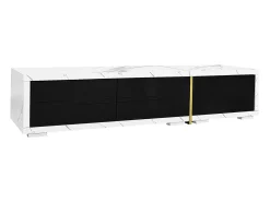 Móvel para TV com 3 portas, comprimento regulável, frente em preto brilhante e laterais em folheado com efeito mármore branco - 140/260x40x30cm