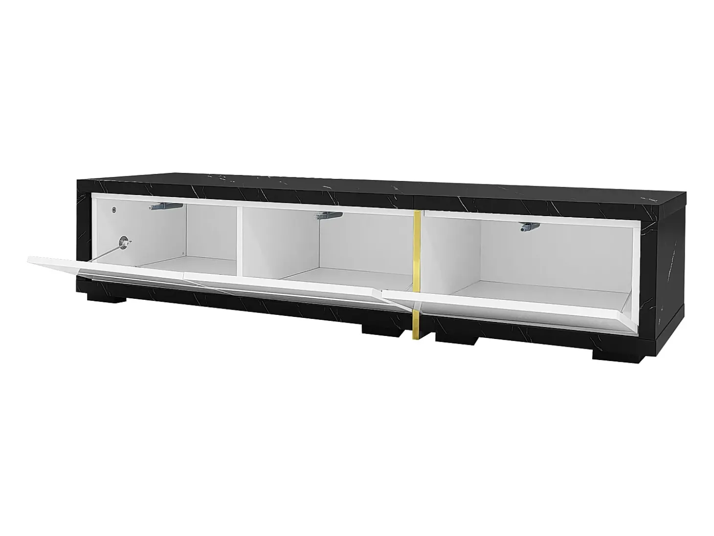 Móvel para TV com 3 portas, comprimento ajustável, frente branca brilhante e laterais em folheado com efeito mármore preto - 140/260x40x30cm