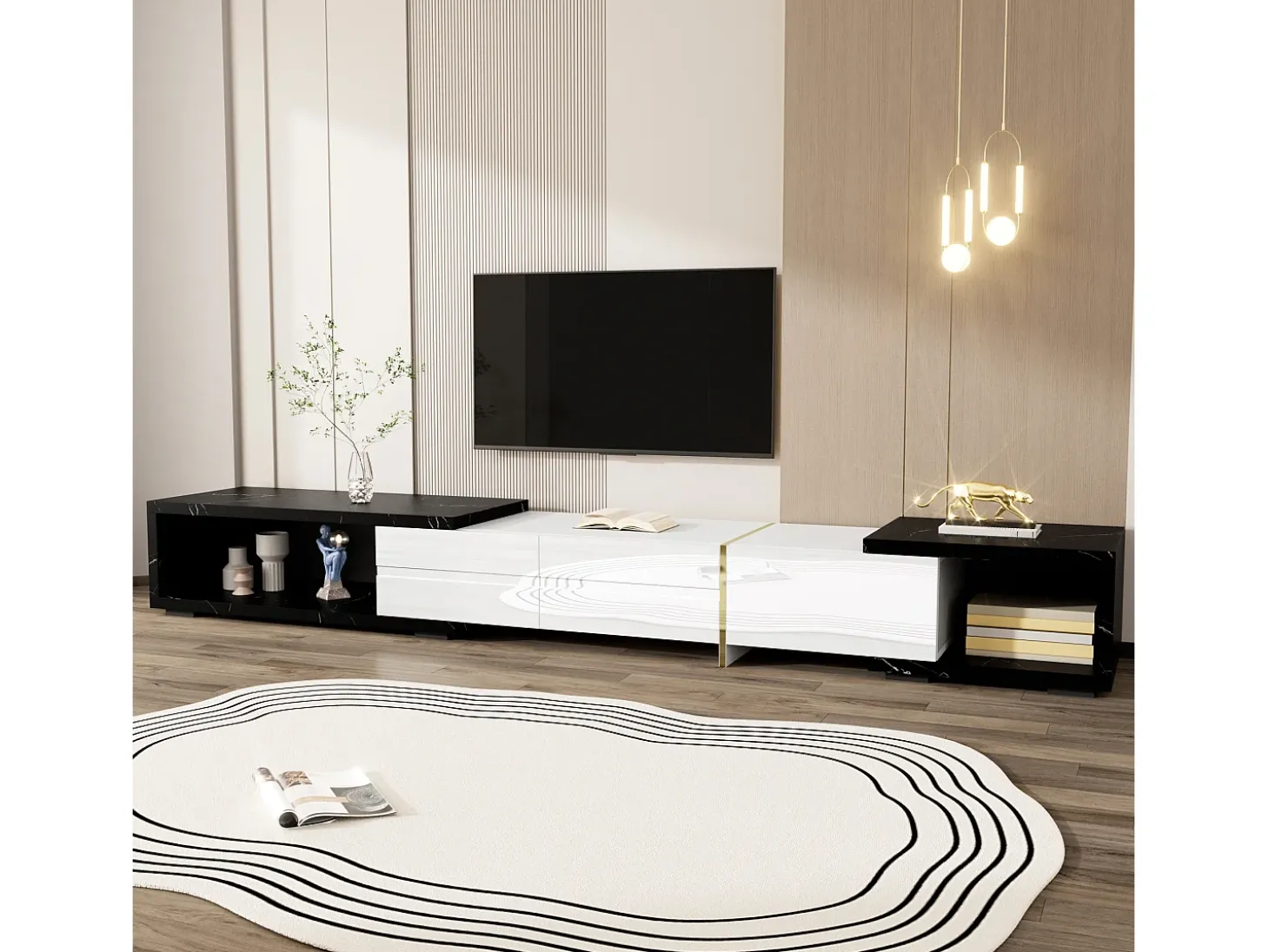 Móvel para TV com 3 portas, comprimento ajustável, frente branca brilhante e laterais em folheado com efeito mármore preto - 140/260x40x30cm