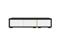 Móvel para TV com 3 portas, comprimento ajustável, frente branca brilhante e laterais em folheado com efeito mármore preto - 140/260x40x30cm