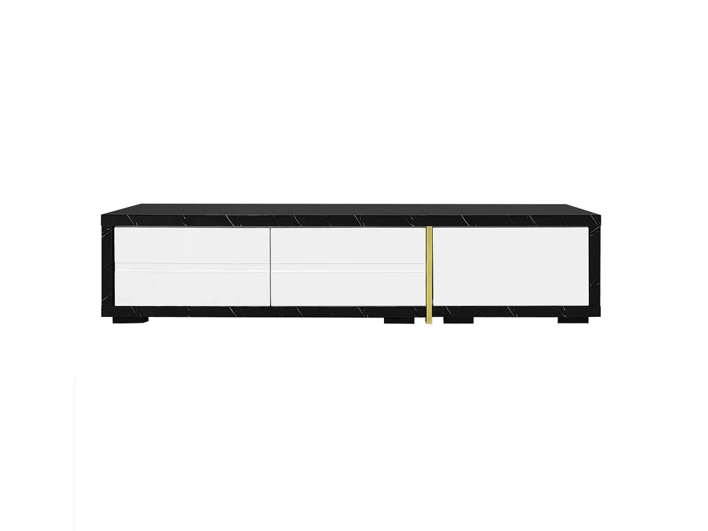 Móvel para TV com 3 portas, comprimento ajustável, frente branca brilhante e laterais em folheado com efeito mármore preto - 140/260x40x30cm